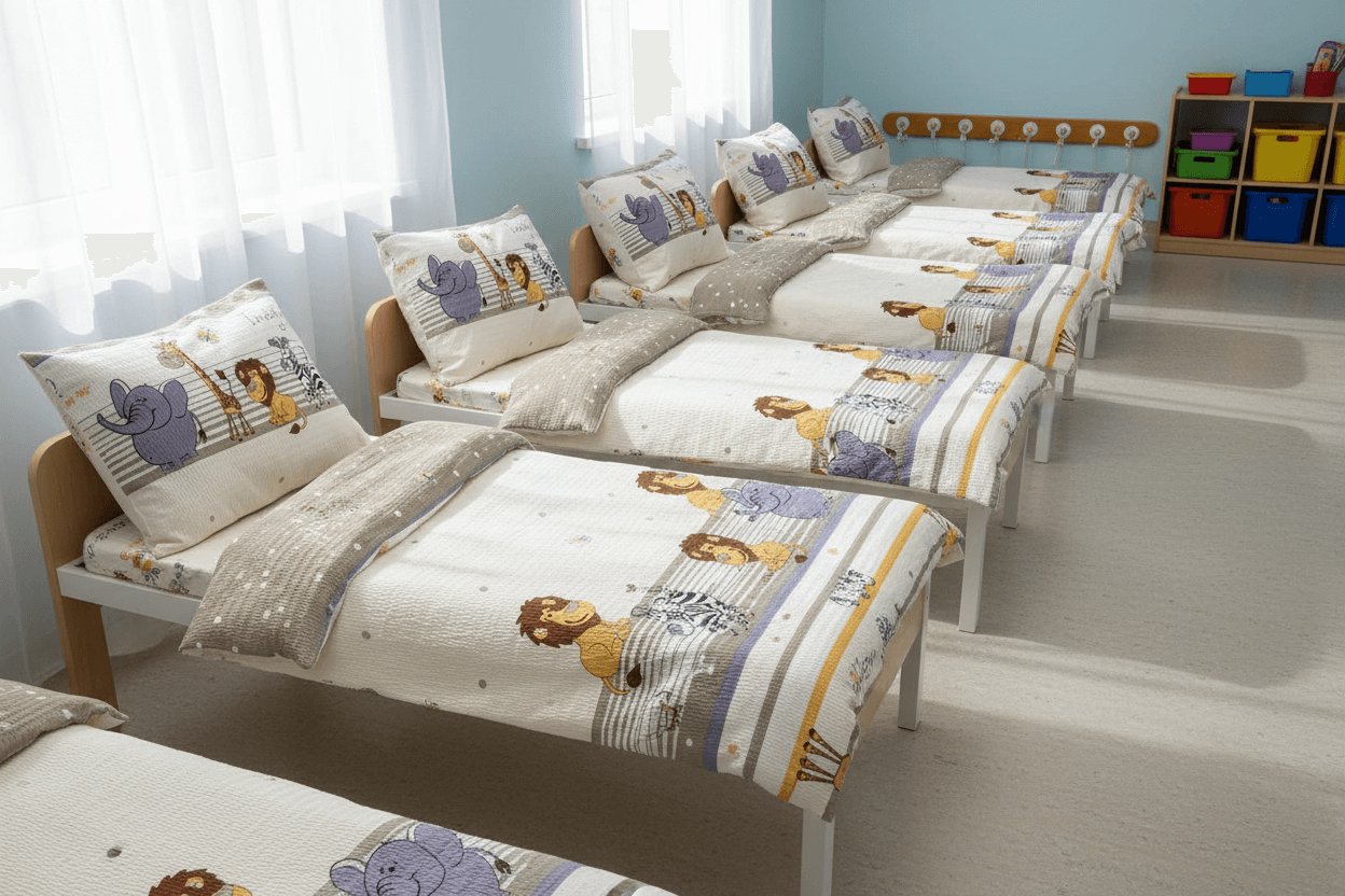 Krepové dětské povlečení do školky „Zvířátka Zoo krémová“